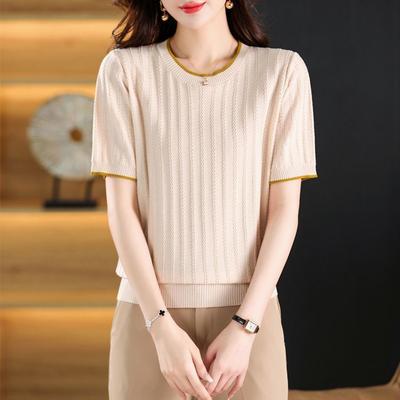 Ice Silk Knittwear Sweater Women's Short Sleeve T-shirt Summer New Loose Slim Versatile Wave Knitted Thin Top S-5XL