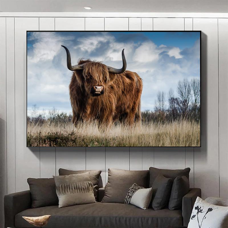 Animal Highland Cow Scottish Highland Cow Buffalo Cattle Art Posters Canvas Painting Wall Prints Pictures Living Room Home Decor