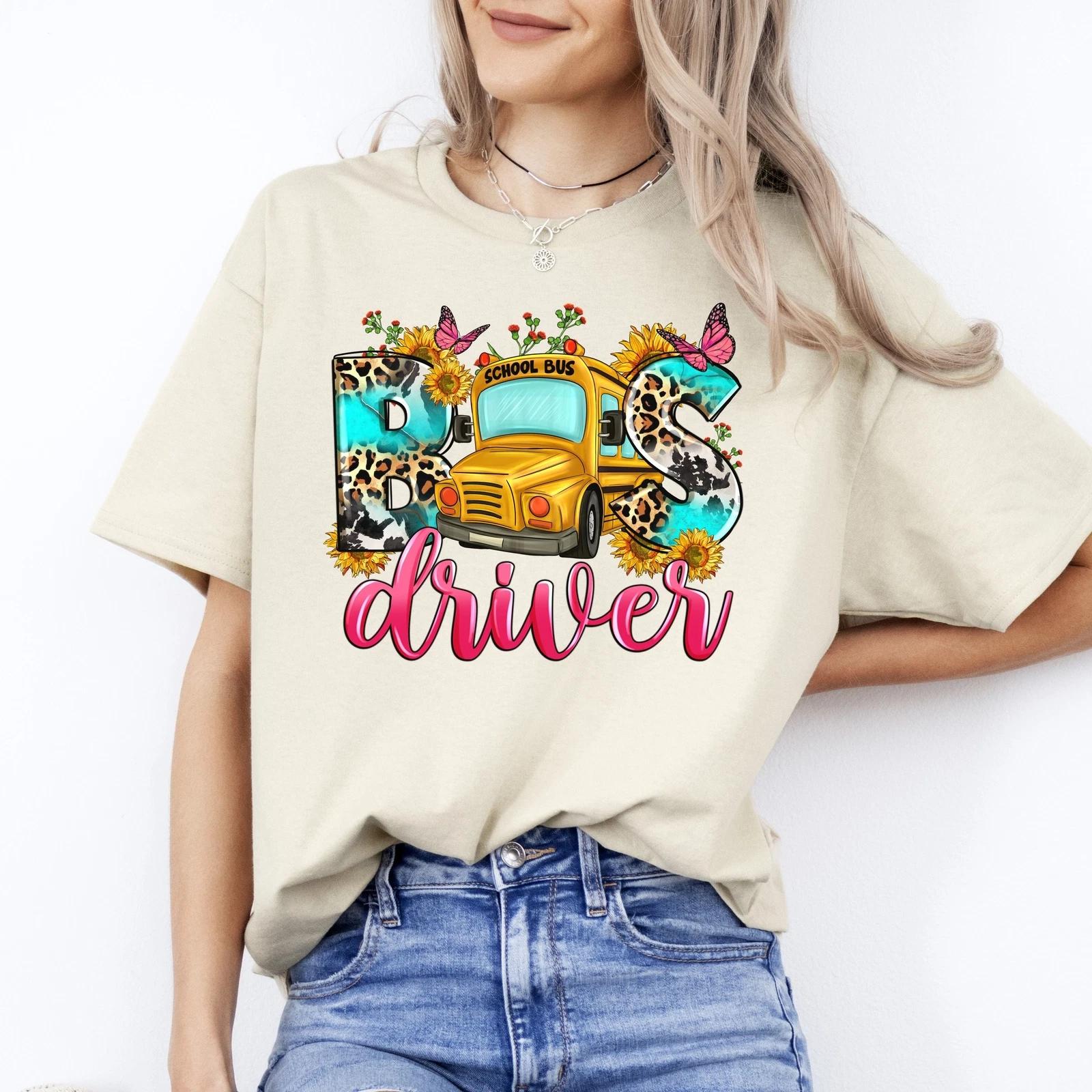 School Bus Driver T-Shirt sunflower leopard skin bus driver Unisex tee White San S
