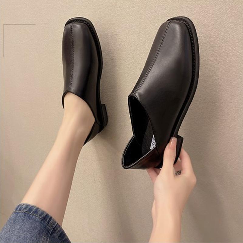 Fashion European and American Women's Single Shoes 2024 New Square Toe Leather Shoes Casual Flat Shoes Two Wear Women's Shoes Sneakers