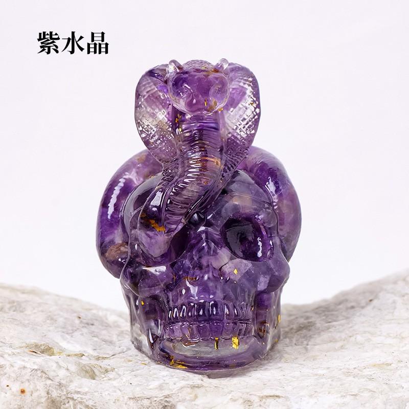Natural Crystal Chips Resin Snake Wrapped Skull Ornament Halloween Bar Craft Decor