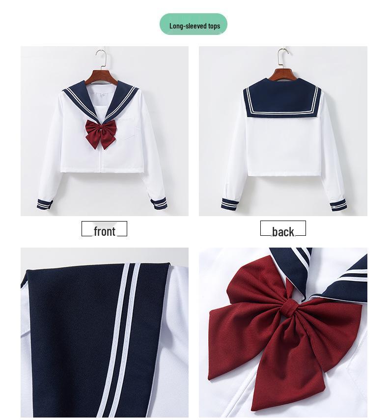 Navy Sailor Collar JK School Uniform - White, Two-Line Suit & Pleated Skirt