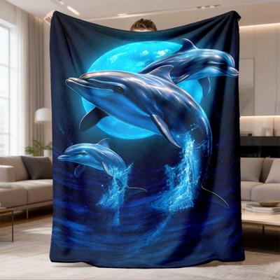 1pc Jumping Dolphins Flannel Throw Blanket | Soft, Lightweight Polyester Fleece with Digital Printing, Ultrasonic Embossing, 78x119cm, Warm & Cozy for