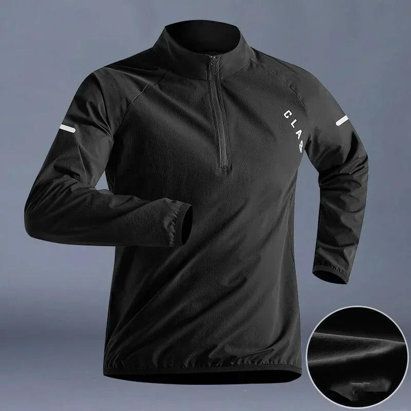 

Spring Autumn Men s Quick Drying Clothes Sports T-shirt Stand Neck Loose Long Sleeved Outdoor Running Tracksuit Breathable Half Zip Top S чорний