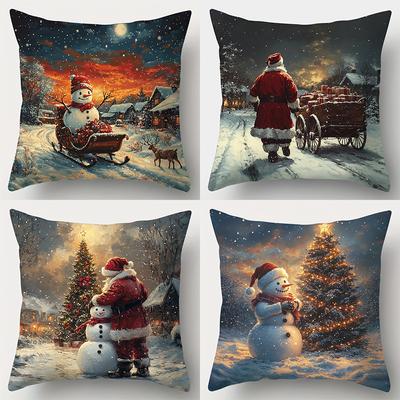 Christmas Decoration Pillowcase Winter Snow Scene Santa Claus Snowman Pillow Cover Sofa Cushion Cover Home Decoration