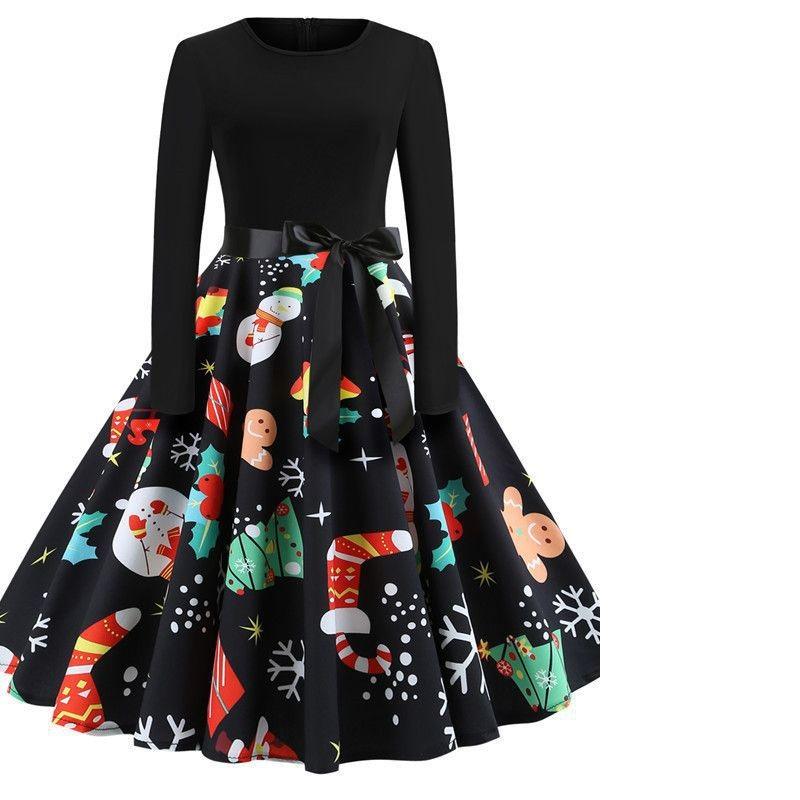 Christmas A-line Skirt Retro Goth Winter Christmas Party Dresses Women  Autumn Winter Long Sleeve Round Neck Vintage Santa Cosplay Costumes Xmas Dress