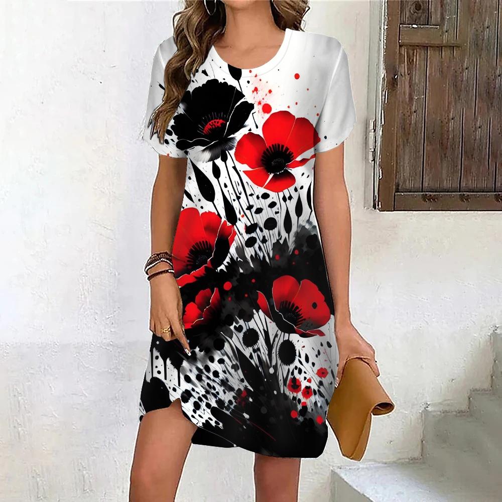 Fashion 3D Print Summer Dress Loose Casual Short Sleeve O-Neck Mini Dress