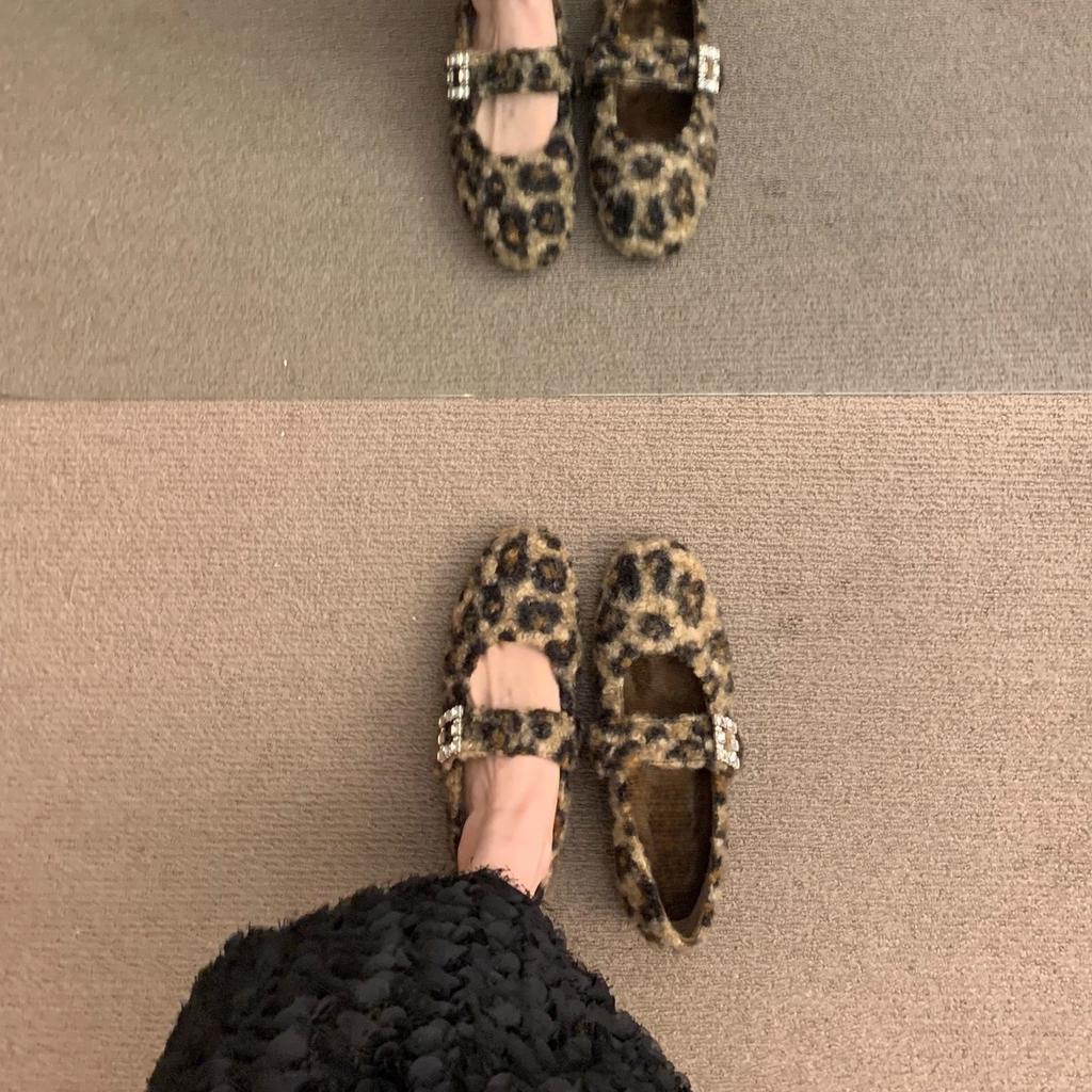 One-word Leopard Print Velvet Thermal Cotton Shoes Women's Winter Mary Jane Fluffy Shoes Retro Flat Birkenstocks