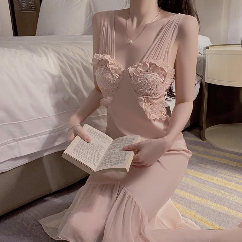 Autumn and Winter Suspender Women's Pajamas Sexy Backless Lace Breast Pads Steel Ring Push-up Pajamas Women's Set