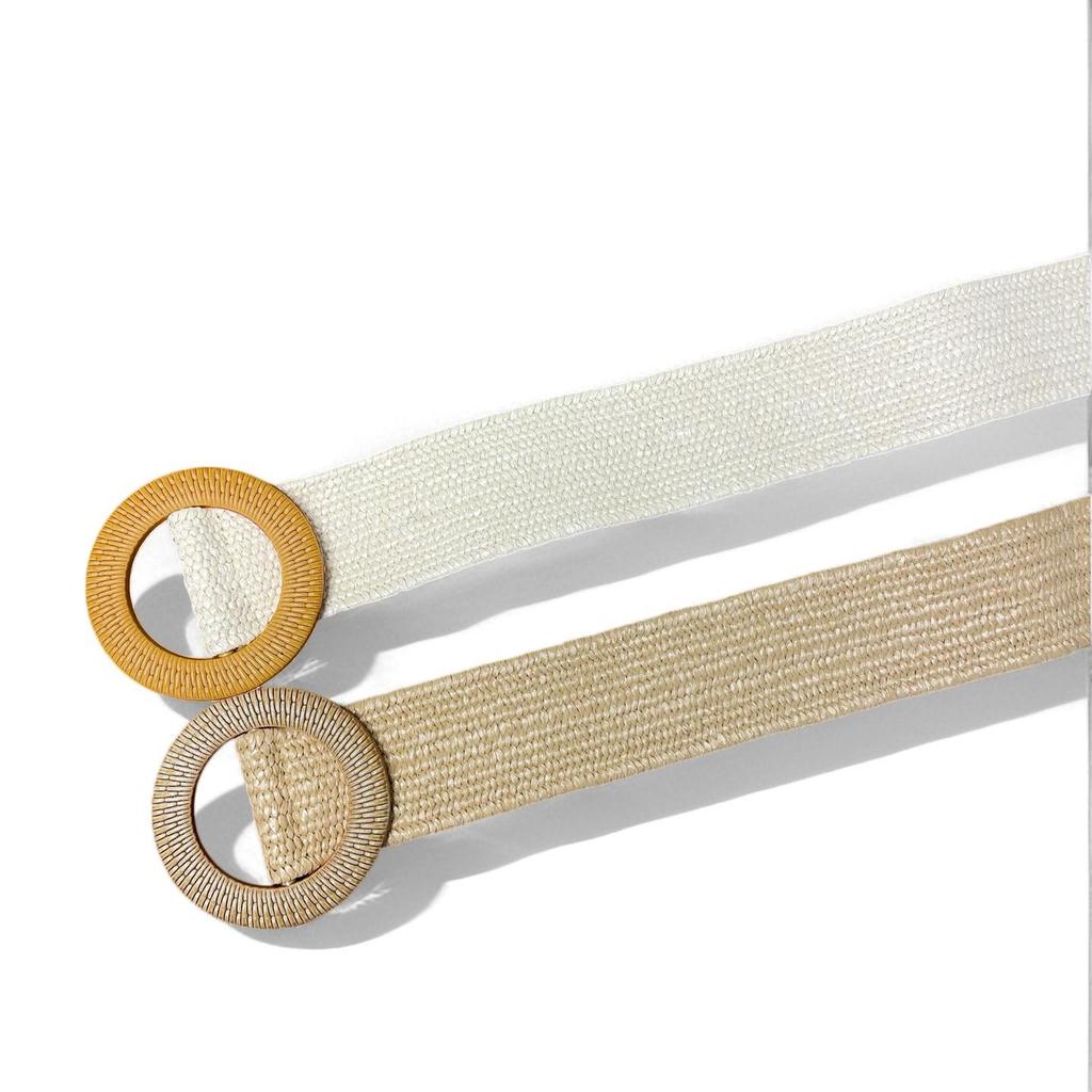 Women's Faux Straw Round Buckle Belt, Cotton Linen Stretch Elastic Waistband, Fashionable Dress Accessory.