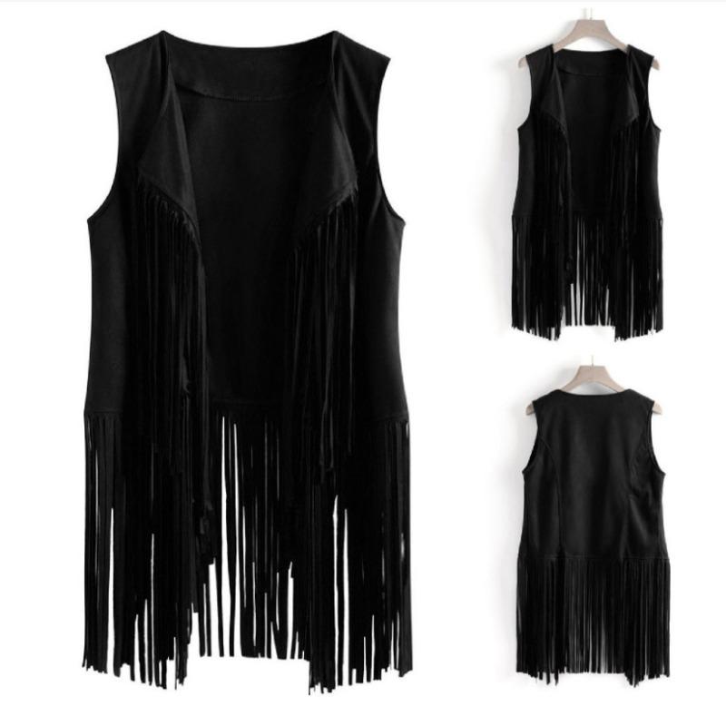 The new fringed vest jacket women s deerskin velvet buckle-free medium and long vest cardigan will be shipped on the same day in stock. S чёрный