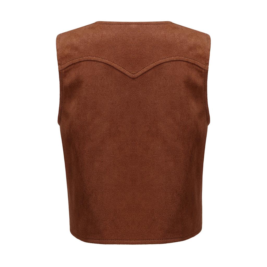 Kids Boys Western Cowboy Vest Suede Leather Pointed Hem Jacket for Halloween Carnival Party