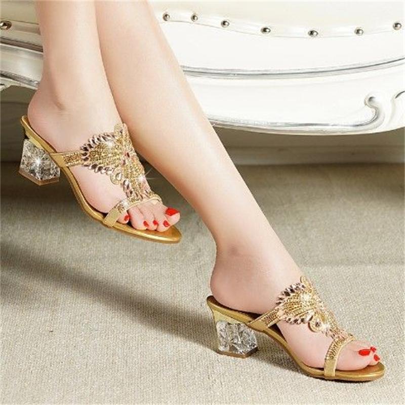 2024 New Female Crystal High Heels Slippers Peep Toe Casual Slides Flip Flops Fashion Pumps Comfortable Sandals