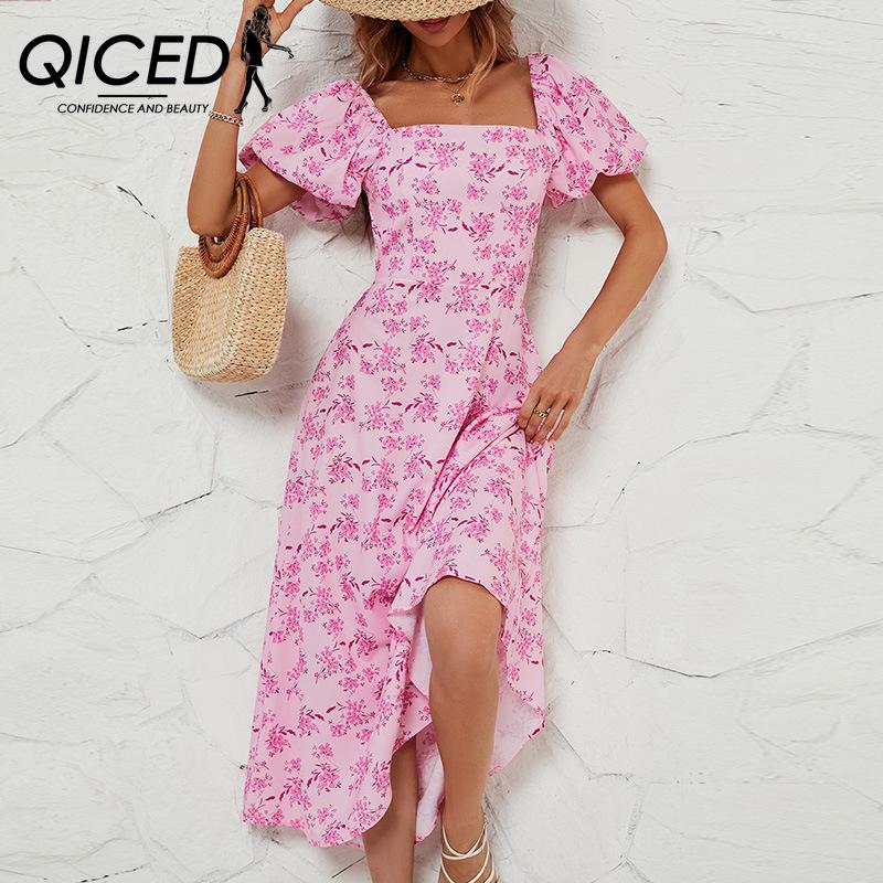 

QICED женские модные летние весенние повседневные платья с коротким рукавом и квадратным воротником с цветочным принтом и высокой талией