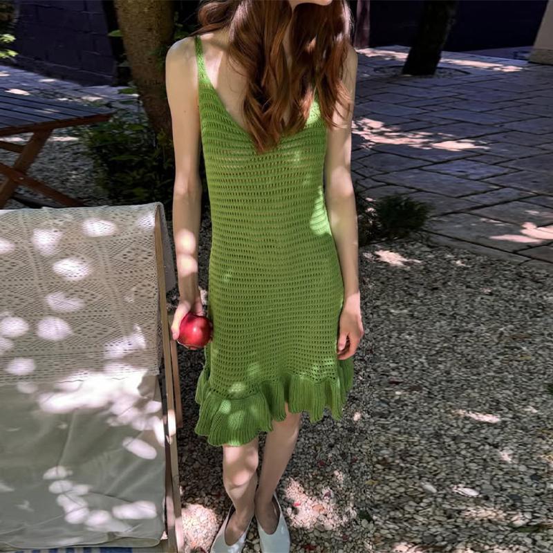 Summer Women Knitwear Knit Ruffled Hollow Out Mini Dress Female V Neck See Through Holiday Beach Casual Clothes Dress