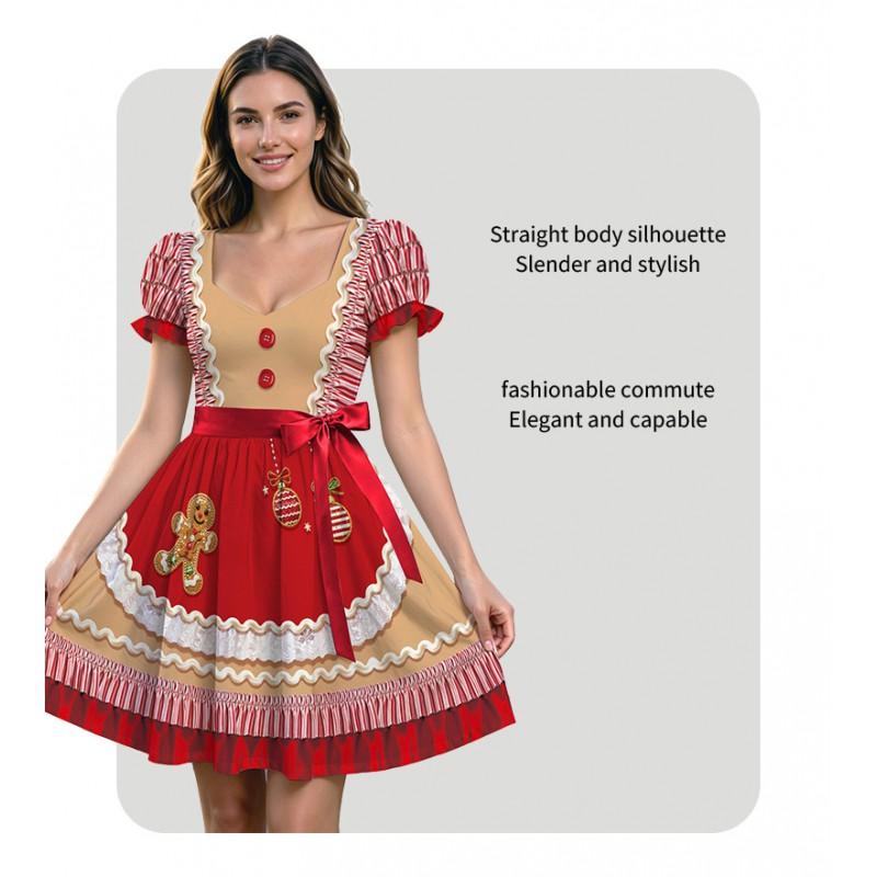 Christmas Party Dress European Court V-Neck Short Sleeve Flared Skirt Gingerbread Man Print