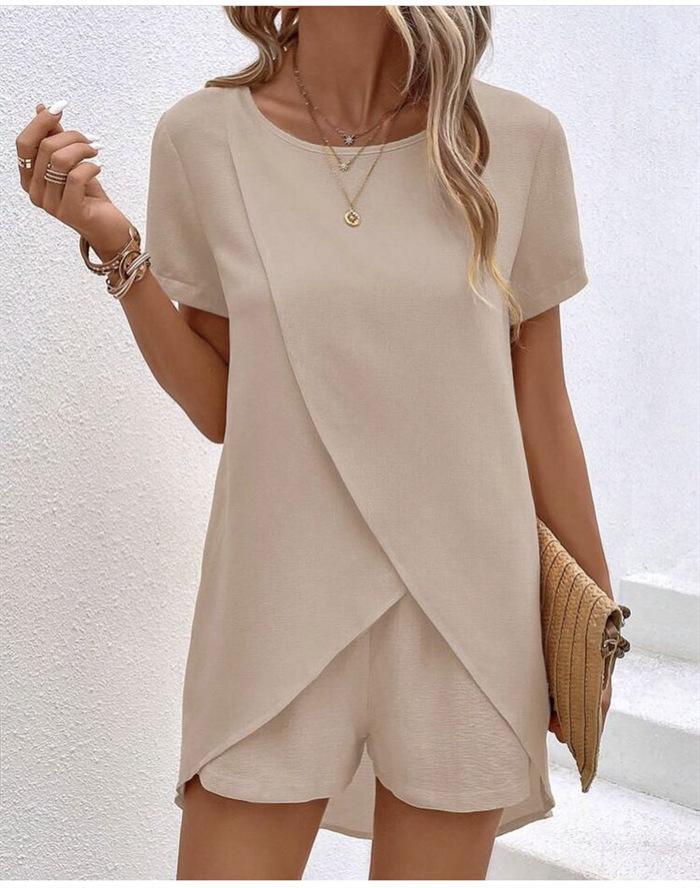 2026 Spring Summer Women's 2 Piece Set Irregular Top & Shorts Solid Color Casual Outfit