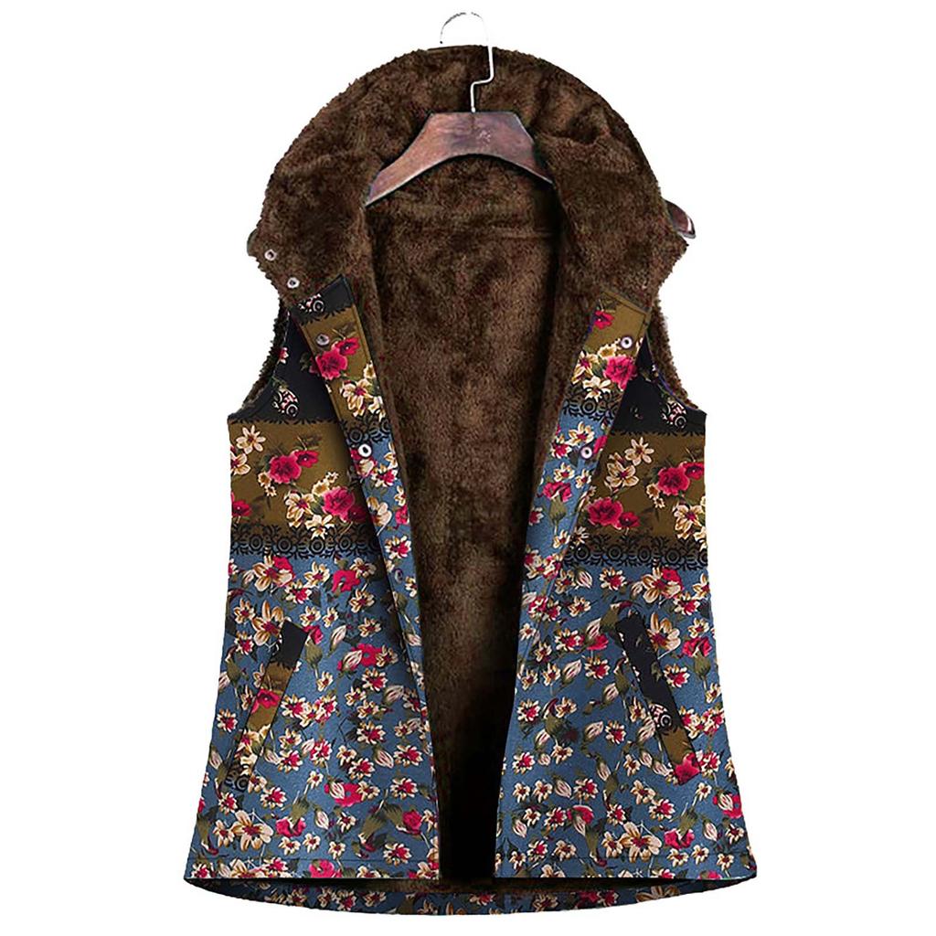 Women Vintage Warm Sleeveless Printed Pockets Thicker Hasp Hooded Vest Coat