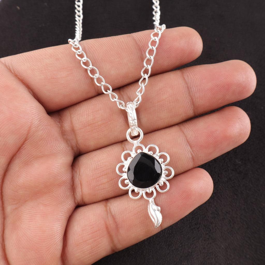 Heart Natural Black Onyx Daughter Gift Birthday Art Deco Pendant Sterling Silver PP-4-13