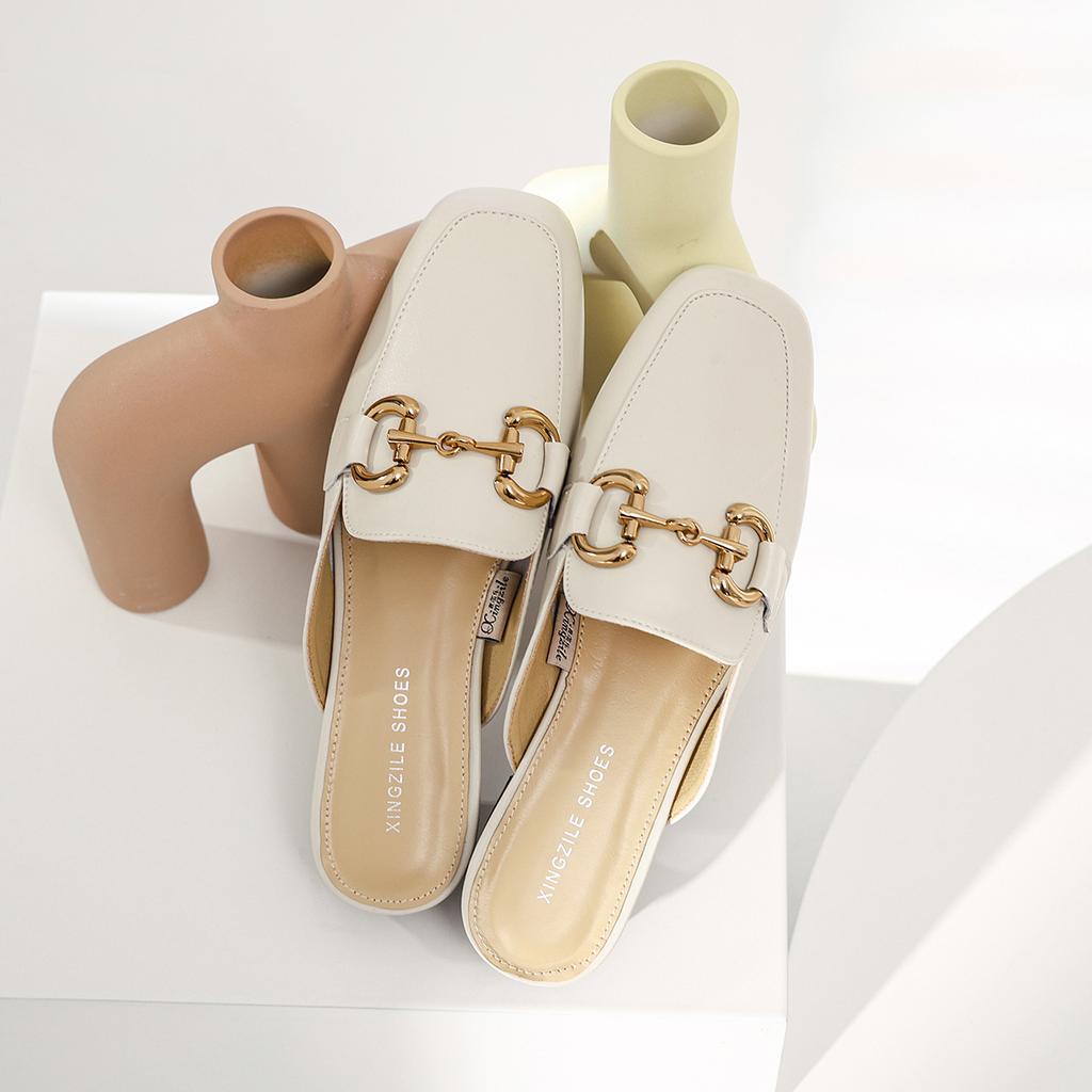 Leather Bag Head Half Slippers Women's Outer Wear 2025 New Horse Buckle Sandals Heelless Lazy Shoes Flat Muller Shoes