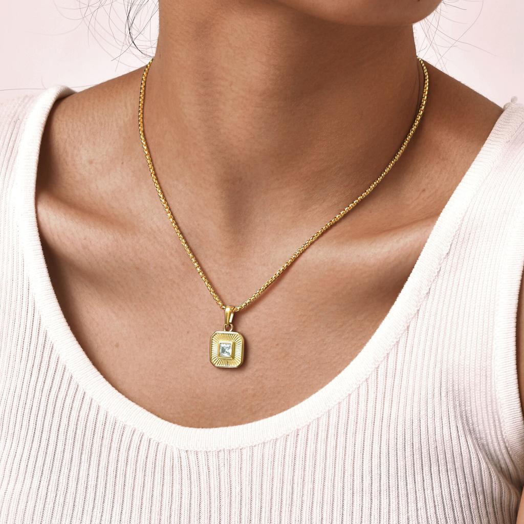 Cubic Zirconia Pendant Necklace for Women, Stainless Steel Chain Trendy Jewelry, Square Heart CZ Stone Boho Jewelry