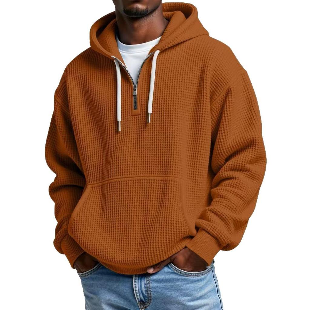 European Heavyweight Waffle Long Sleeve Hooded Sweatshirt - Men's Loose Fit, Pure Color, Casual Style