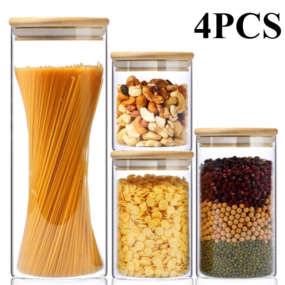 4PCS Glass Airtight Storage Jar Set, Clear Jars with Bamboo Lids, Ideal for Storing Nuts,Candy,Spices,Pasta,Coffee and Snacks, Birthday Holiday Gift