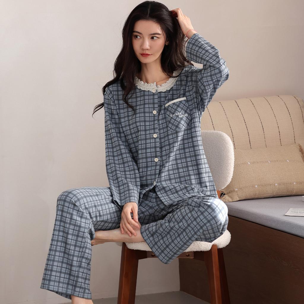 Pajamas women's spring, autumn and winter new pure cotton long-sleeved fashion plaid high-end cotton beautiful loungewear can be worn outside