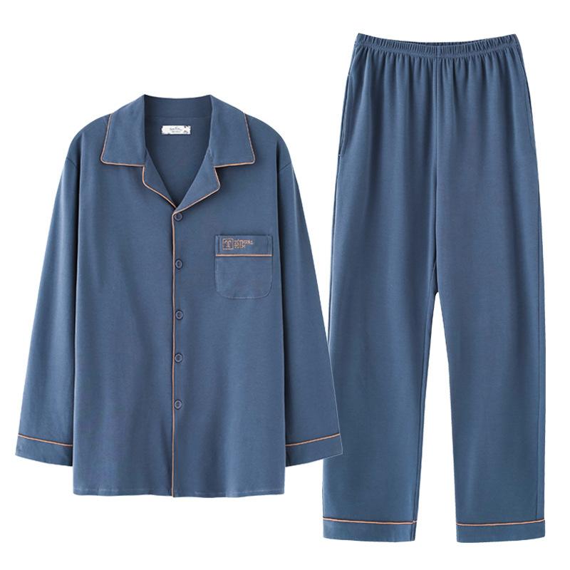 Solid Color Pajamas Men'S Spring And Autumn Pure Cotton Long-Sleeved Loungewear Men'S Autumn Cotton Thin Qingzhong Two-Piece Suit