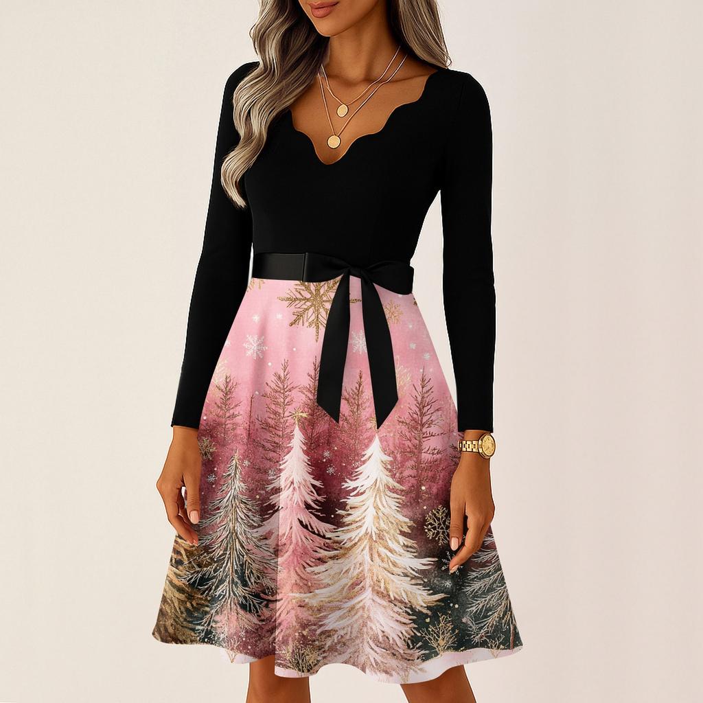 Damen Casual Mode V-Ausschnitt Langarm Weihnachten Bedruckt Party Vintage Lange Kleider