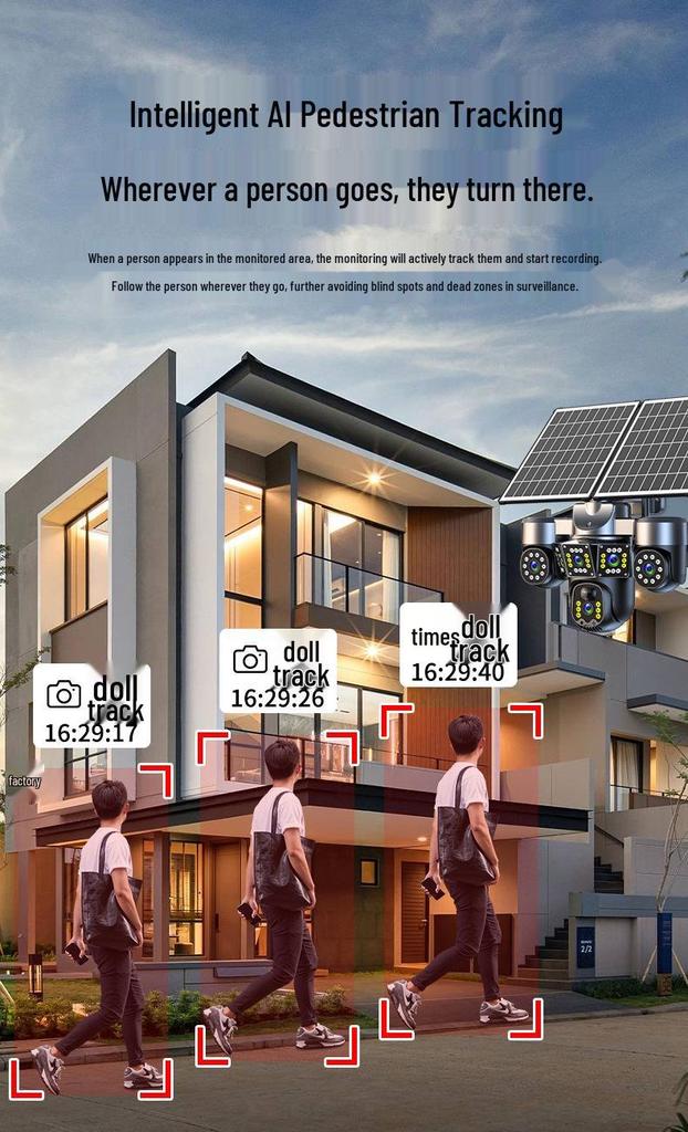 5-Screen Solar 360° Surveillance Monitor with No-Data HD Night Vision Camera