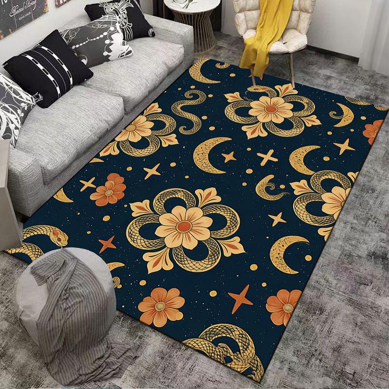 Snake and Moon Pattern Carpet with Floral Details, Dark Boho Style Suitable for Use As an Anti-slip for Living Room Bedroom Sofas