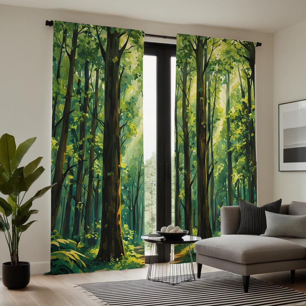 2pcs HD green forest decorative curtain Green digital printed curtain Home decoration style decoration living room bedroom th