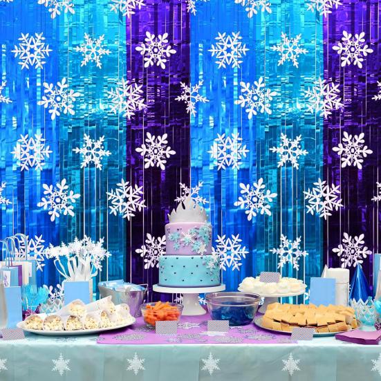 Snowflake Foil Fringe Curtains Metallic Silver Blue Snowflake Tinsel Streamer Photo Backdrop for Christmas Winter Wonderland Freeze Party Decoration