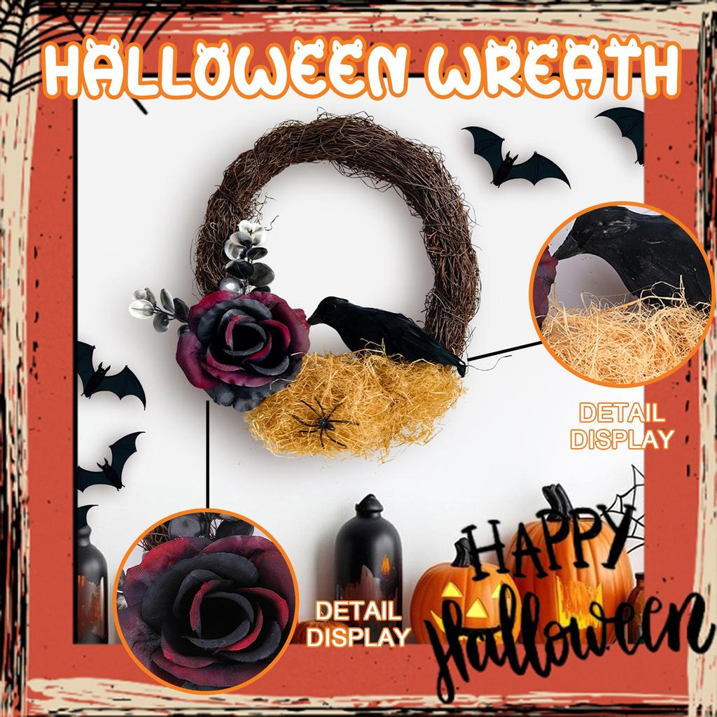 Halloween Dead Branch Rose Wreath For Front Door Crow Wreath Gothic Garland Creepy Porch Window Indoor Outdoor Halloween Decor