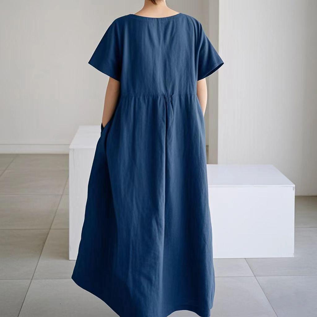 Abito da Donna Primavera Estate Cotone-Lino Ampio Girocollo alla Moda Taglie Forti Manica Corta Casual Comodo Lungo