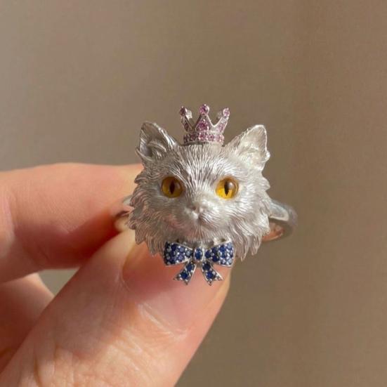 Rhinestone Crown Cat Ring Men Women Bow Kitten Alloy Open Ring