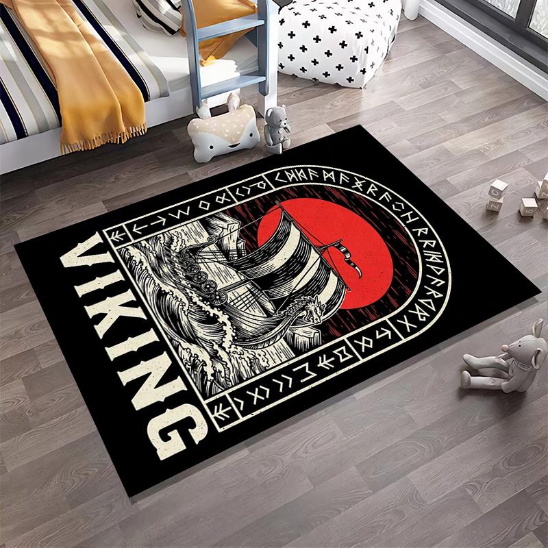 Viking Ship with Red Sun Design Non-slip Rug Suitable for Living Room and Bedroom Sofas