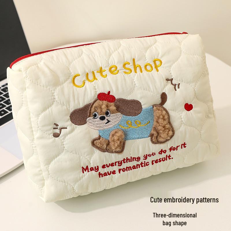 Women's Portable Skincare & Makeup Bag: Cute Puppy Design, Large Capacity, Handheld Travel Toiletry Brush Organizer.