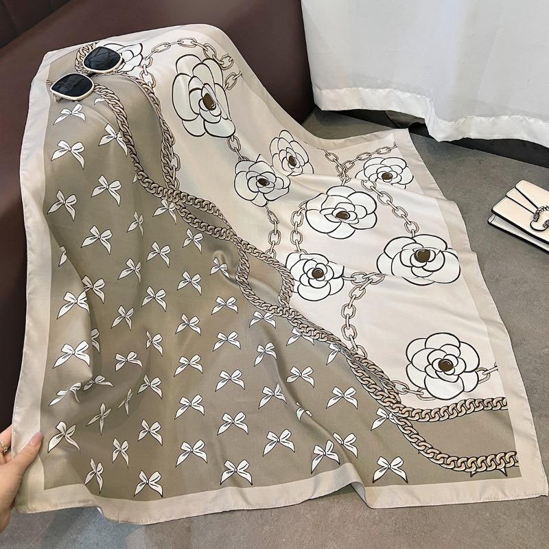 Korean Fashion Vintage Elegant Camellia Printed Square Scarf For Women