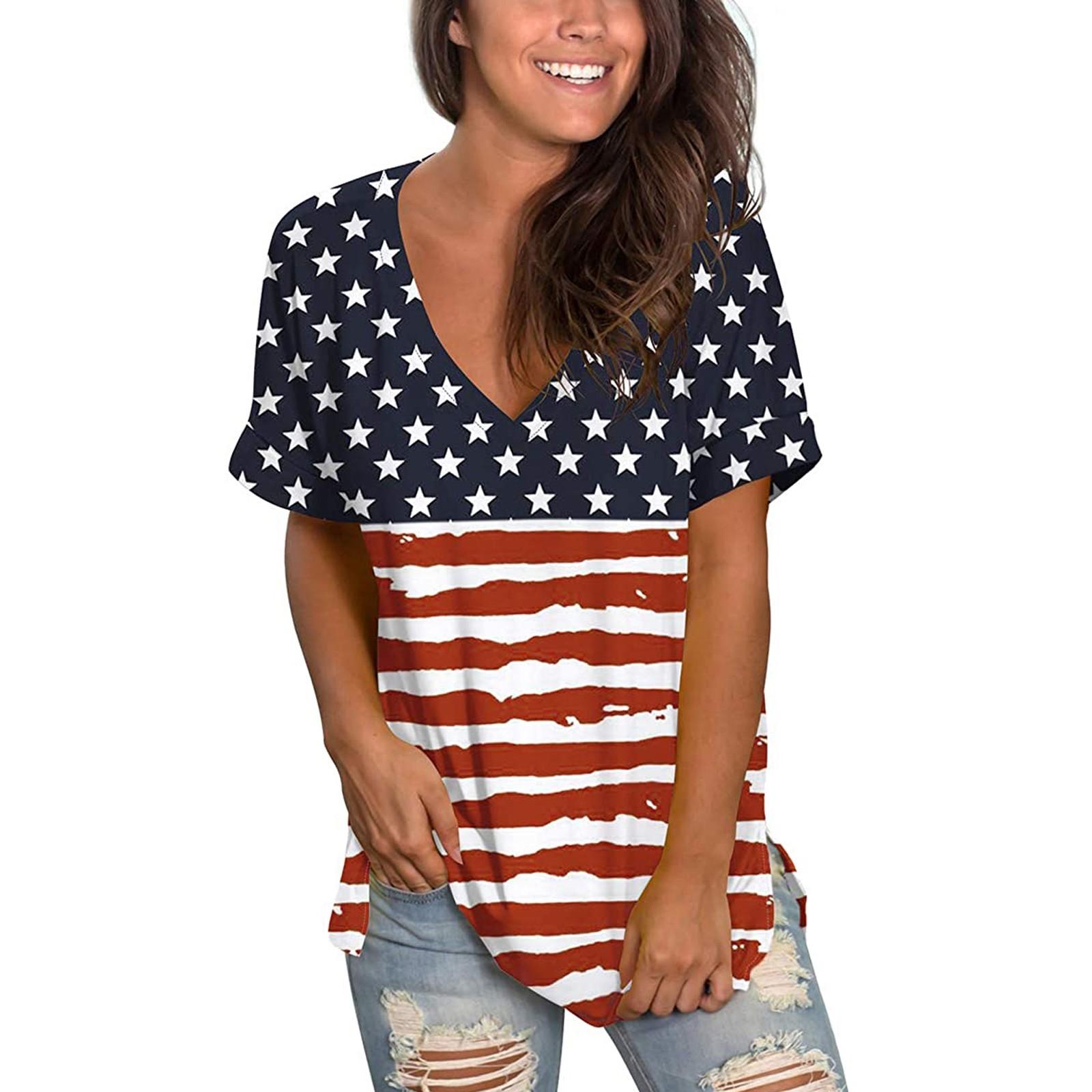 

Independence Day Women s Casual V-Neck Loose Short Sleeve T-Shirt Blouse Tops M розовый
