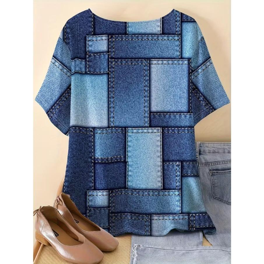 XL-7XL Plus Size Women's Men Plaid Casual 3D Print Loose V Neck Short Sleeved T-shirt Top