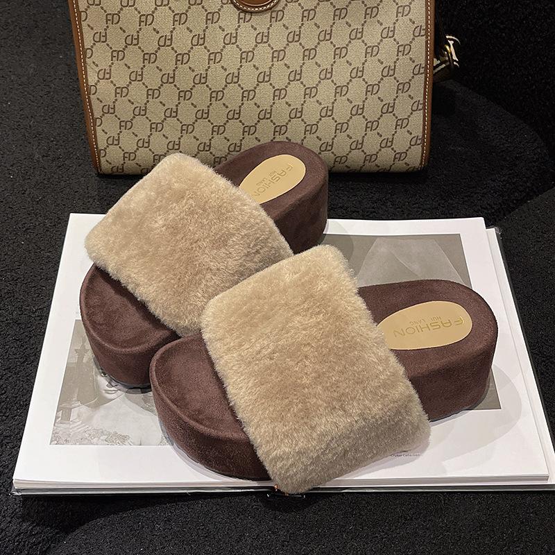 

Premium thick-bottomed fluffy slippers for women s wear, new autumn and winter non-slip and heightening one-word cotton slippers 40 хаки