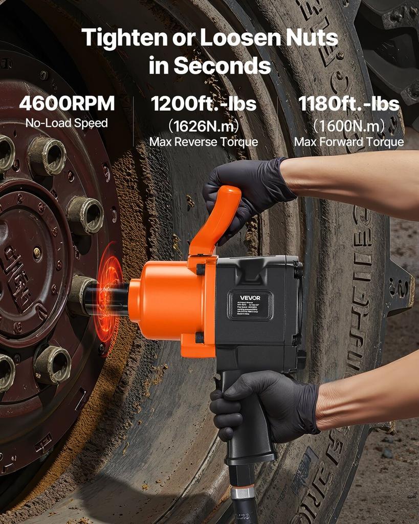 1-Inch Air Impact Wrench, Twin Hammer Air Impact Gun, Up To 1626N.m Reverse Torque, 4600RPM 6-Speed Pneumatic Wrench for Heavy Duty Auto Repairs and