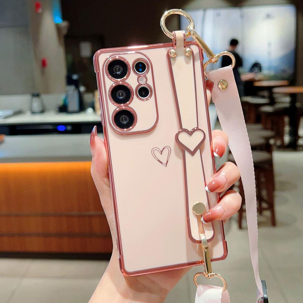 Electroplating Love Suitable for Samsung S25 Ultra Mobile Phone Case S24FE Wrist Strap Bracket Lanyard A56 Protective Cover