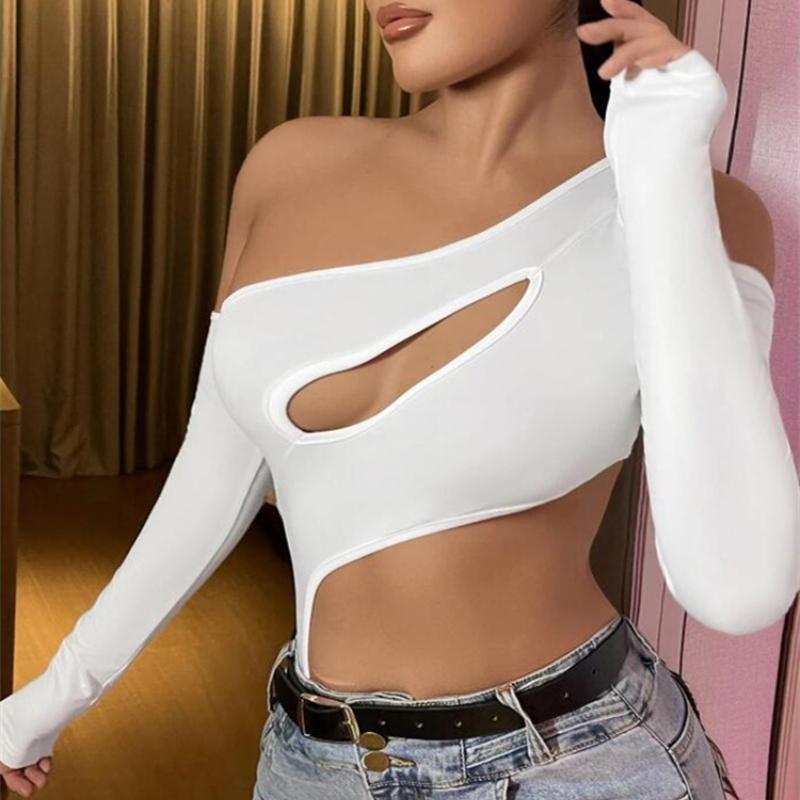 European and American women's crop exposed spicy girl slim fit long sleeved off shoulder solid color top