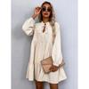 European and American Autumn Lace-up Lantern Sleeves Elegant Vacation Style Long Sleeves Ruffle Leaf Edge A-word Dress Women