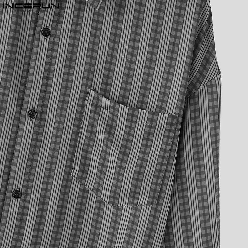 INCERUN Men Casual Loose Lapel Long Sleeve Striped Print Shirts Tops