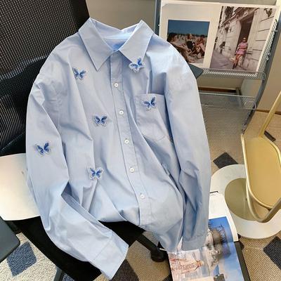 Chemises Bleues Brodées Papillons pour Femmes Manches Longues Simple Boutonnage à Revers Blouses Décontractées pour Femmes avec Poche