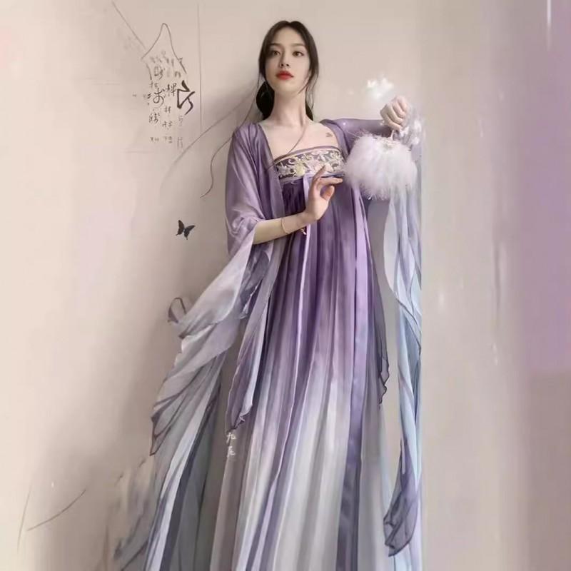 Womens Tang Dynasty Style Hanfu Set With Embroidered Butterfly Wide Sleeve Top Skirt Scarf